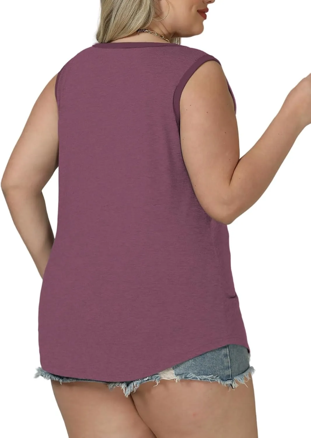 ROSRISS Plus Size Tank Tops for Women Summer Basic Crewneck Tees Soft Cozy Loose Fit Curved Hem Sleeveless Shirts