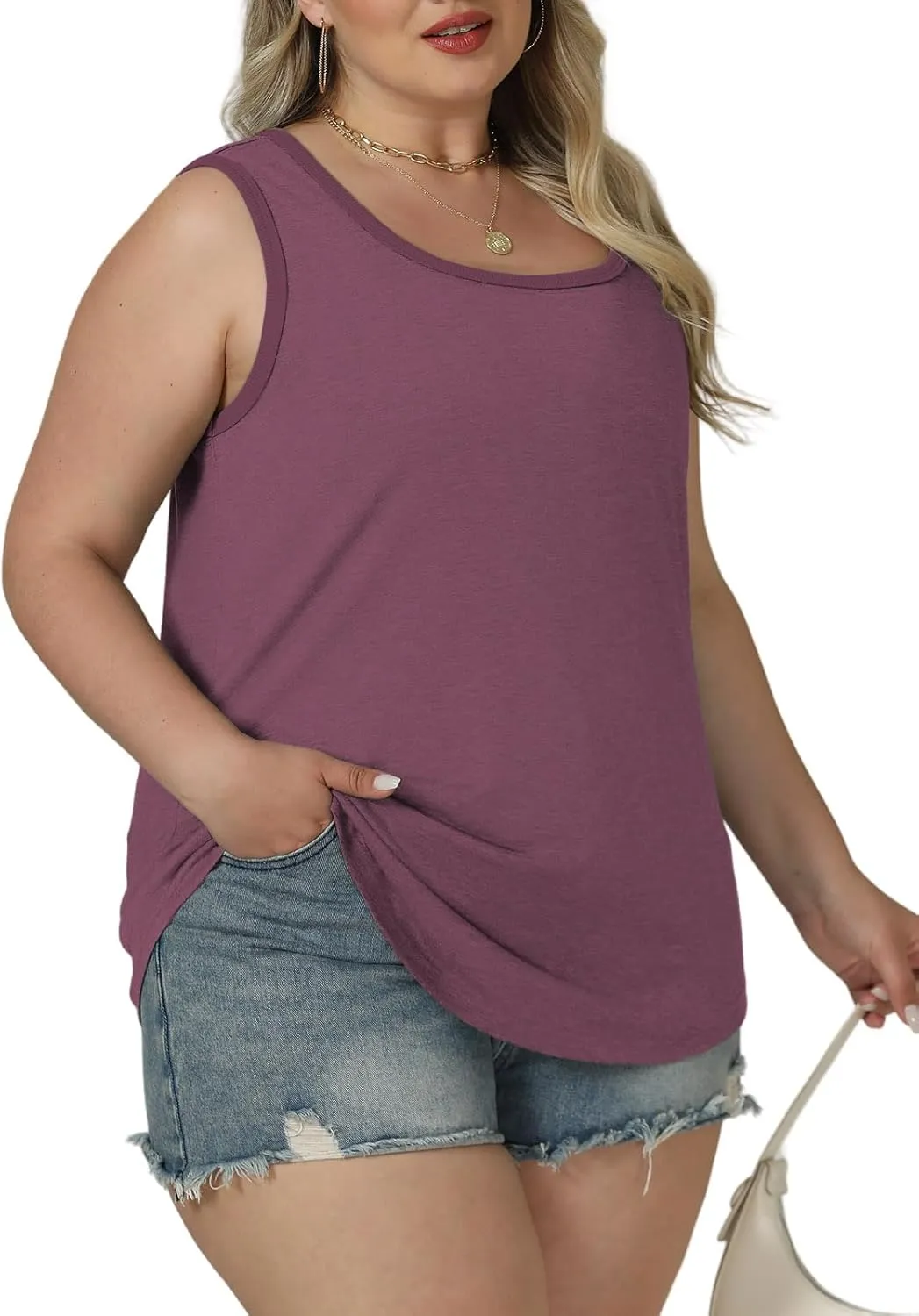 ROSRISS Plus Size Tank Tops for Women Summer Basic Crewneck Tees Soft Cozy Loose Fit Curved Hem Sleeveless Shirts