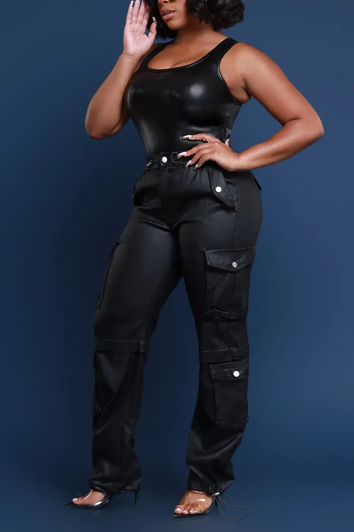 Still Out There Faux Leather Adjustable Cargo Pants - Black