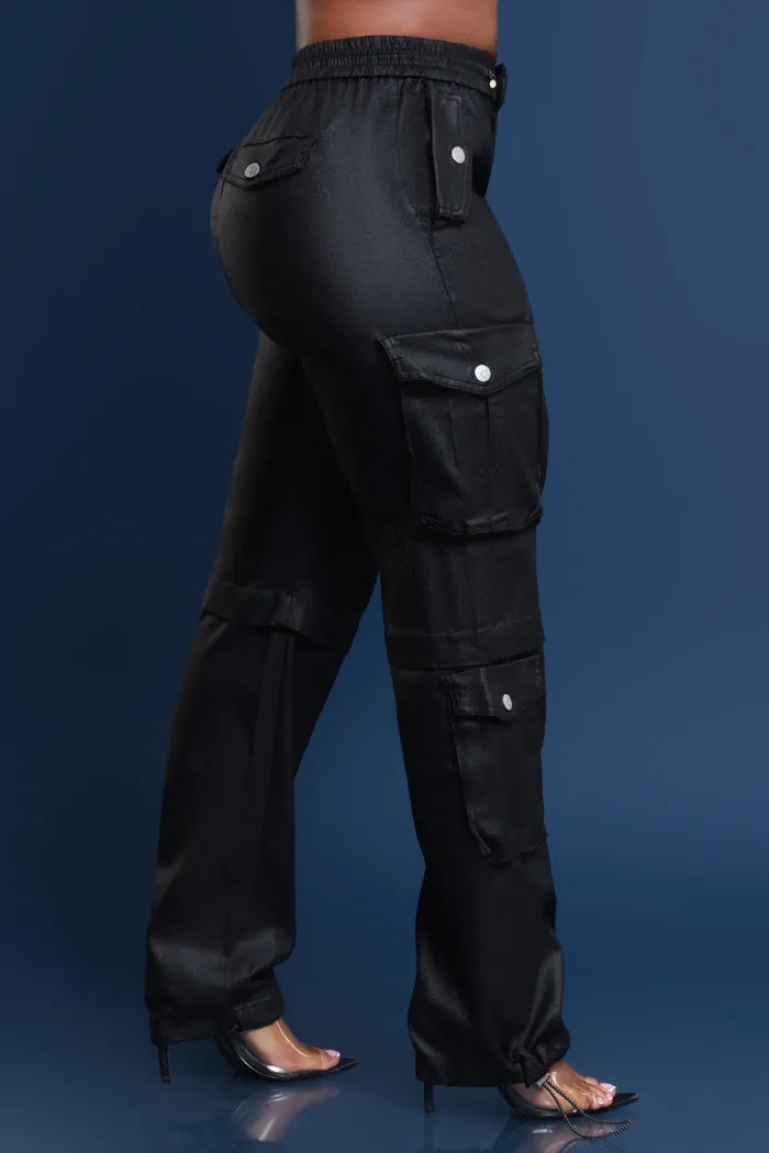 Still Out There Faux Leather Adjustable Cargo Pants - Black