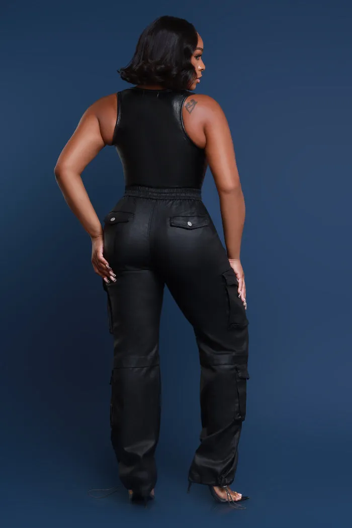 Still Out There Faux Leather Adjustable Cargo Pants - Black