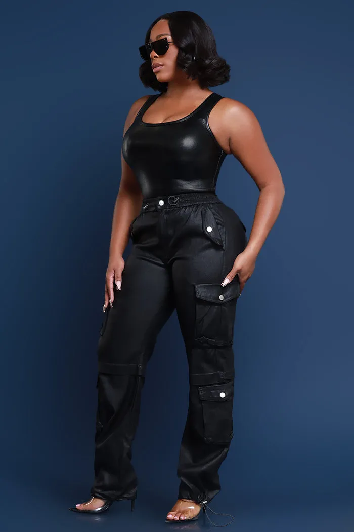 Still Out There Faux Leather Adjustable Cargo Pants - Black