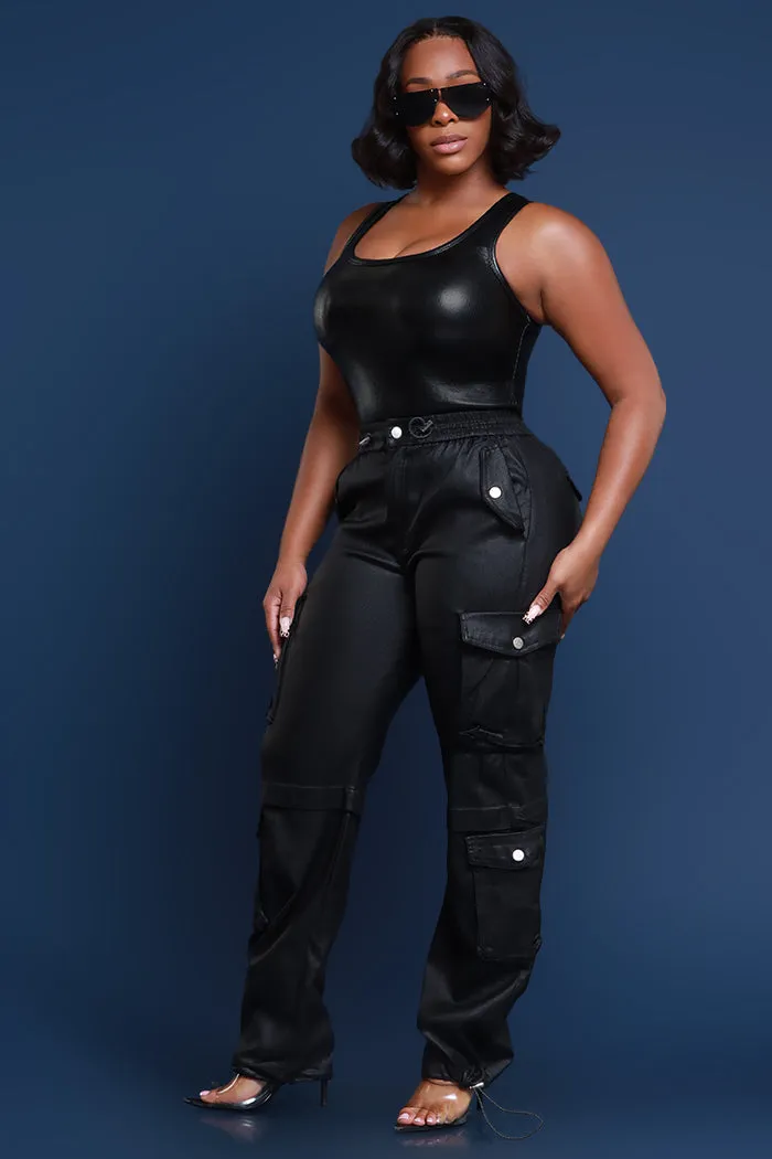 Still Out There Faux Leather Adjustable Cargo Pants - Black