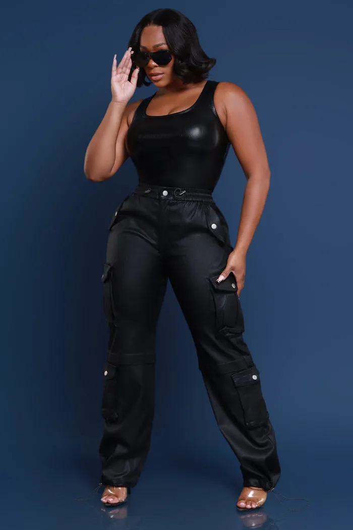 Still Out There Faux Leather Adjustable Cargo Pants - Black