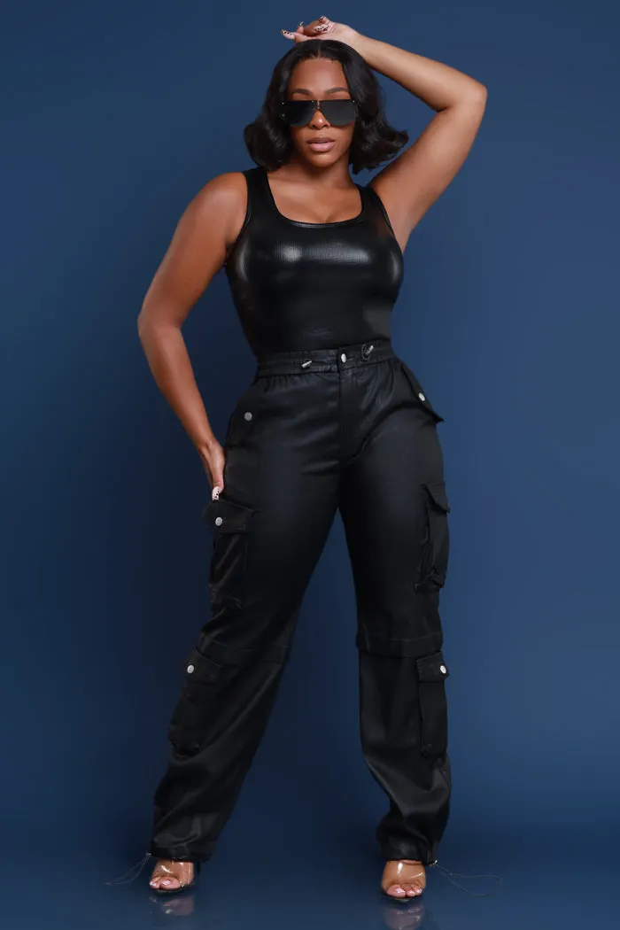 Still Out There Faux Leather Adjustable Cargo Pants - Black