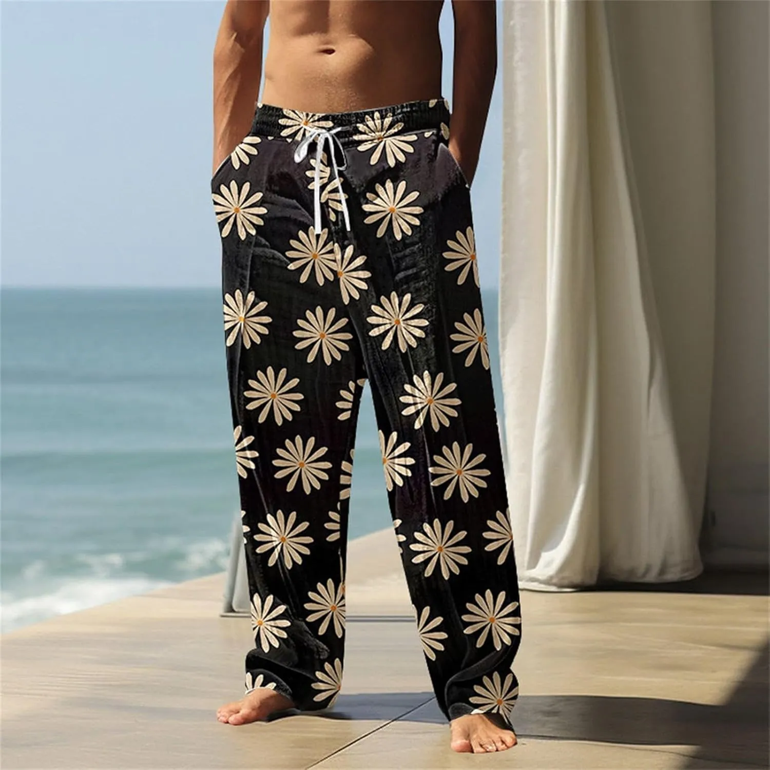 Tropical Palm Tree Graphic Sweatpants for Men Hawaiian Beach Vacation Pants Soft Lounge Lightweight Relaxed Fit