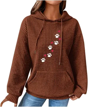 Waffle Hoodies for Women Cute Dog Paw Heart Print Hooded Sweatshirts Dog Lover Winter Casual Pocket Drawstring Pullover Tops