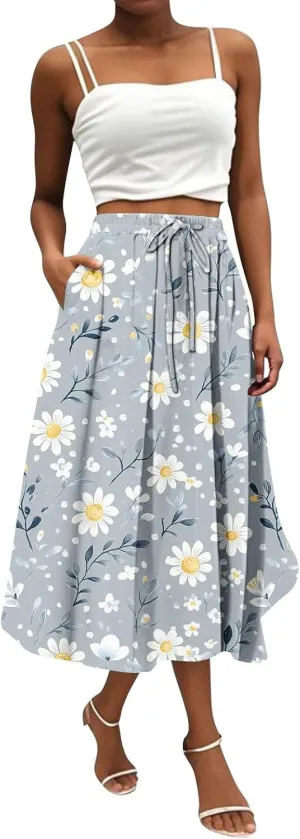 Women's Boho Outfits 2025 Bohemian Long Skirts Flowy High Waist A Line Summer Pleated Skirts, S-2XL