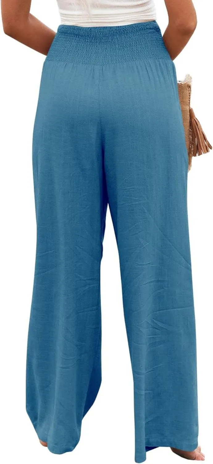 Womens Linen Pants Boho Wide Leg Lounge Pant High Waist Palazzo Pant Summer Beach Trousers Travel Vacation Outfits