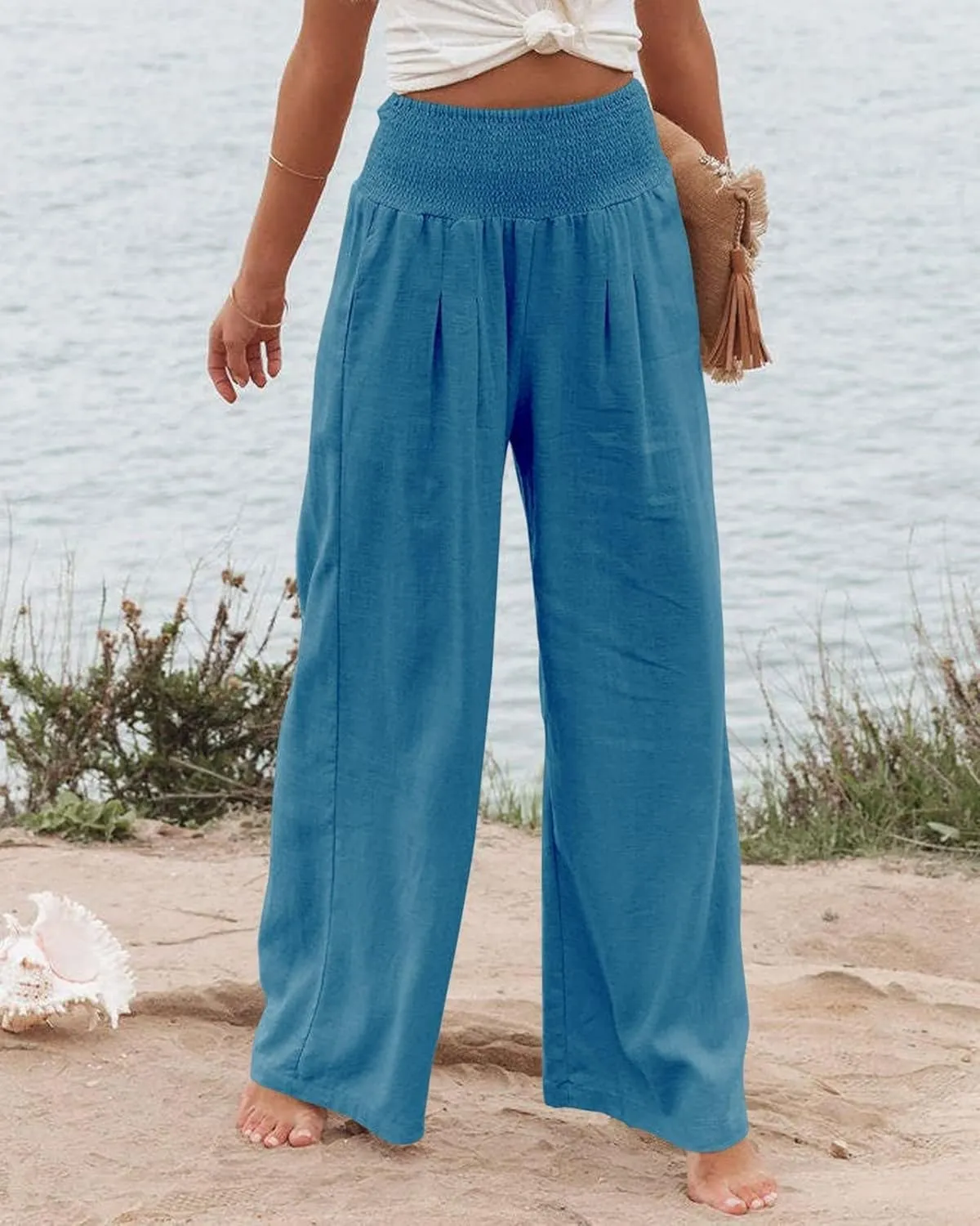 Womens Linen Pants Boho Wide Leg Lounge Pant High Waist Palazzo Pant Summer Beach Trousers Travel Vacation Outfits