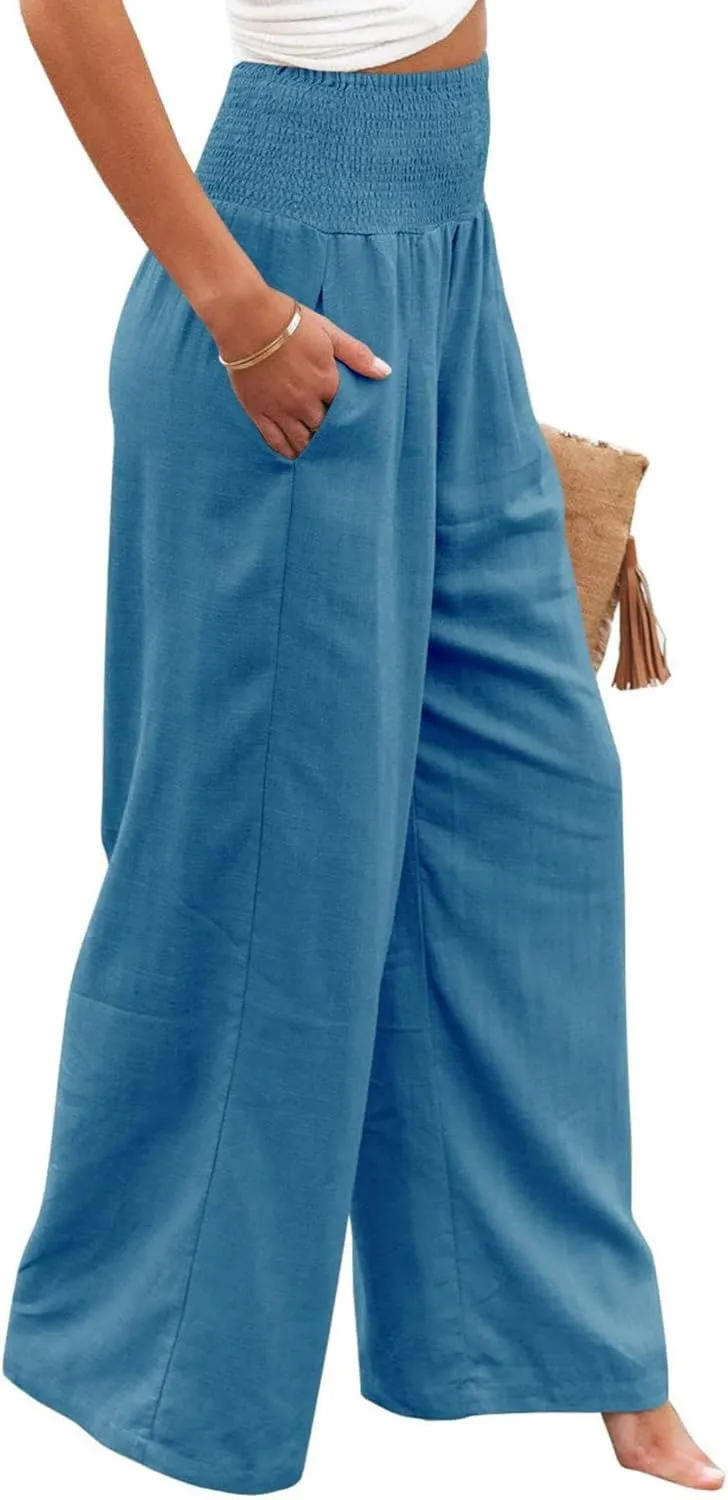 Womens Linen Pants Boho Wide Leg Lounge Pant High Waist Palazzo Pant Summer Beach Trousers Travel Vacation Outfits