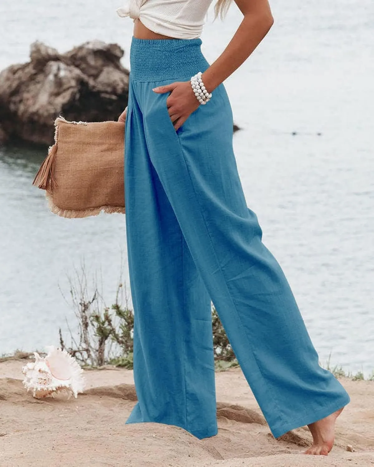Womens Linen Pants Boho Wide Leg Lounge Pant High Waist Palazzo Pant Summer Beach Trousers Travel Vacation Outfits