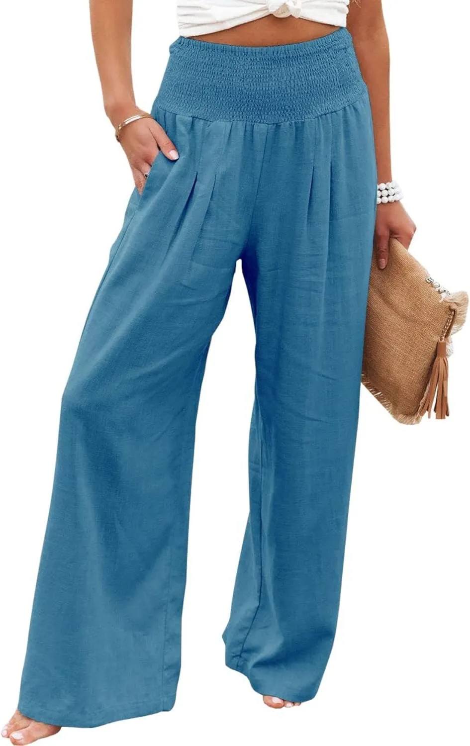 Womens Linen Pants Boho Wide Leg Lounge Pant High Waist Palazzo Pant Summer Beach Trousers Travel Vacation Outfits