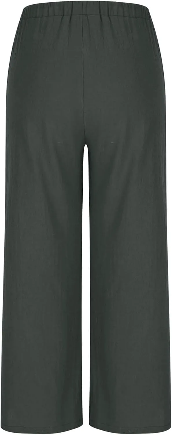 Womens Linen Wide Leg Pants Elastic High Waist Casual Pant Drawstring Loose Flowy Palazzo Trousers with Pockets