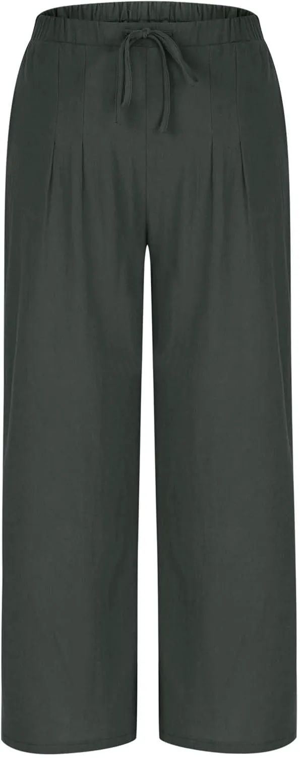 Womens Linen Wide Leg Pants Elastic High Waist Casual Pant Drawstring Loose Flowy Palazzo Trousers with Pockets