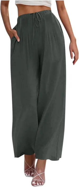 Womens Linen Wide Leg Pants Elastic High Waist Casual Pant Drawstring Loose Flowy Palazzo Trousers with Pockets