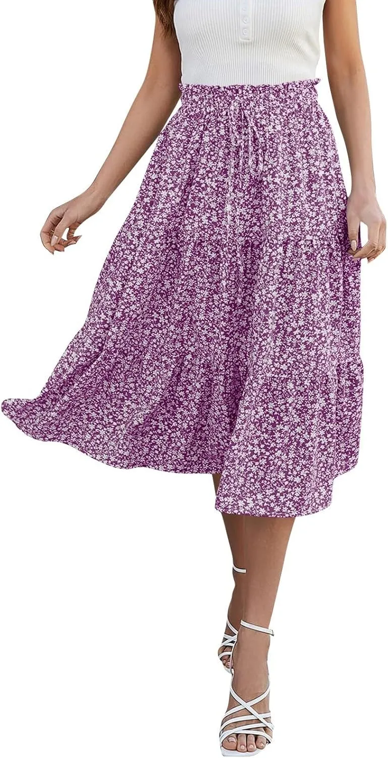 Womens Summer Casual A-Line Long Skirt Tiered High Waist Beach Outfits Elastic Waist Bohemian Print Maxi Skirt