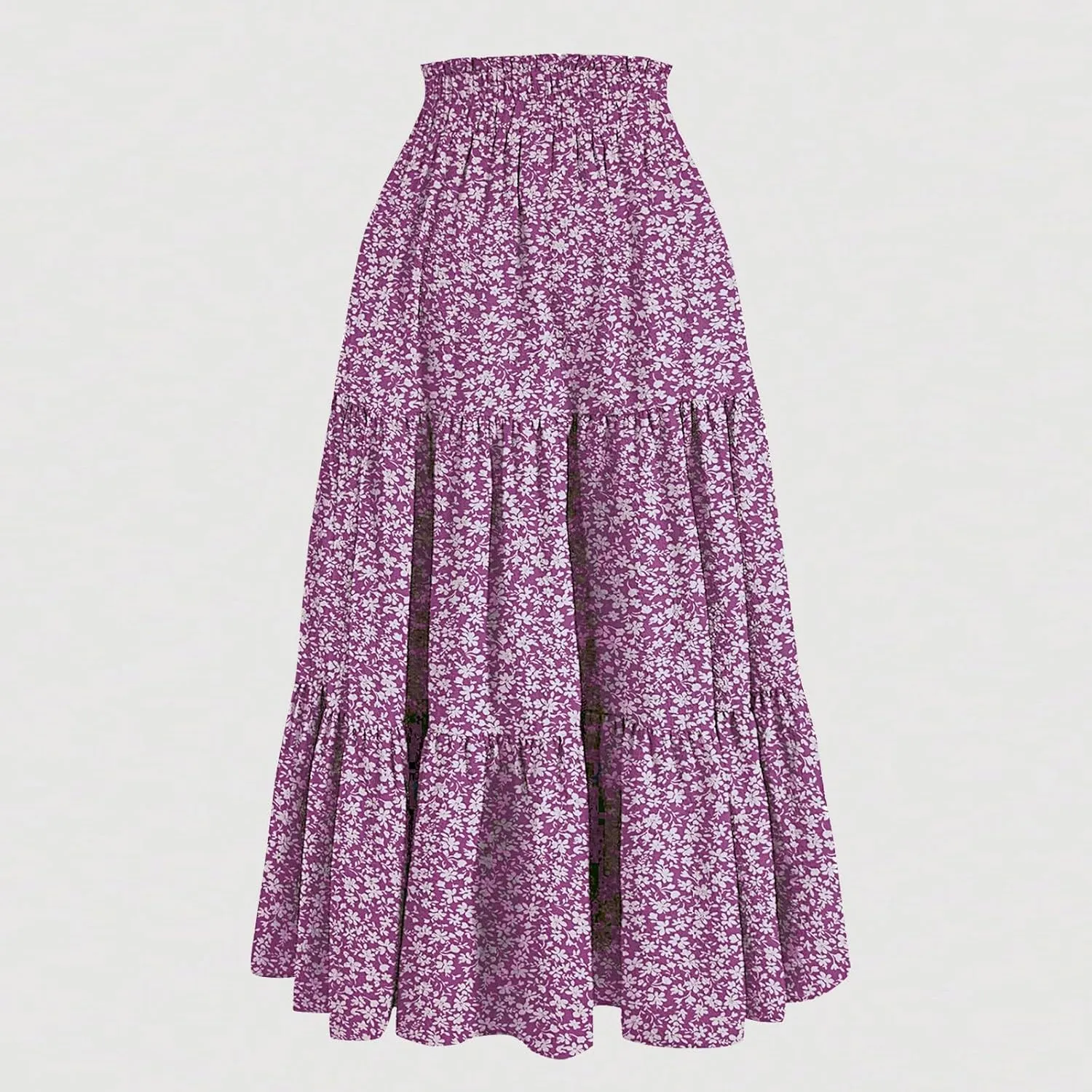 Womens Summer Casual A-Line Long Skirt Tiered High Waist Beach Outfits Elastic Waist Bohemian Print Maxi Skirt