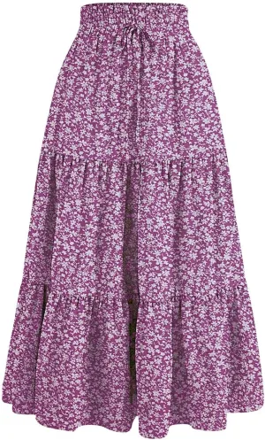 Womens Summer Casual A-Line Long Skirt Tiered High Waist Beach Outfits Elastic Waist Bohemian Print Maxi Skirt