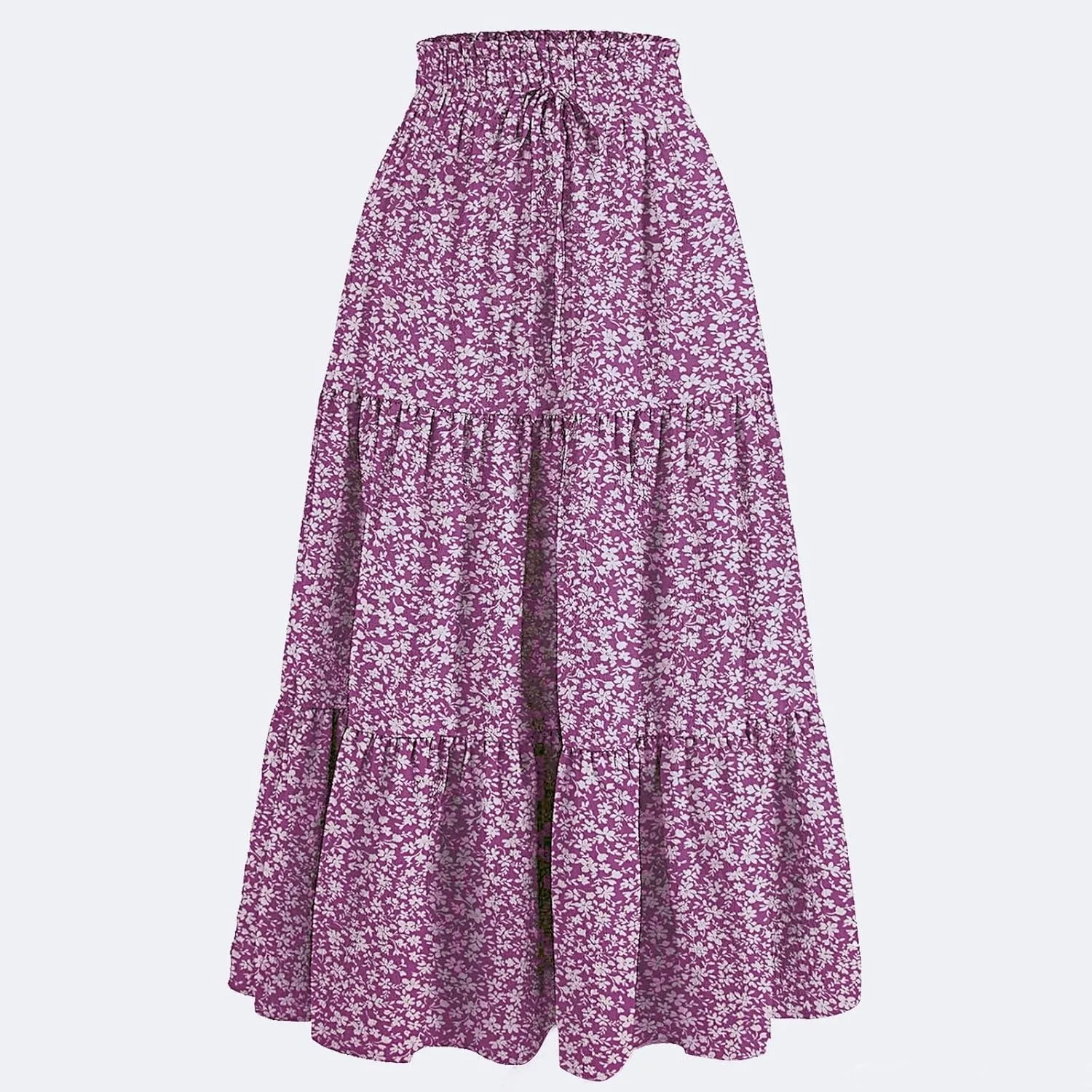 Womens Summer Casual A-Line Long Skirt Tiered High Waist Beach Outfits Elastic Waist Bohemian Print Maxi Skirt
