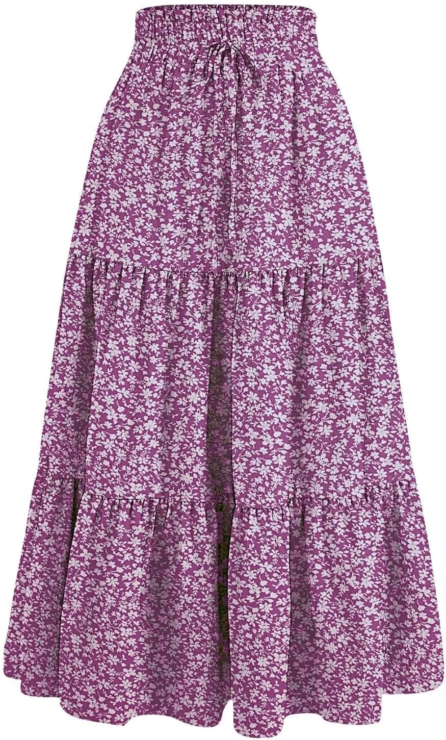 Womens Summer Casual A-Line Long Skirt Tiered High Waist Beach Outfits Elastic Waist Bohemian Print Maxi Skirt