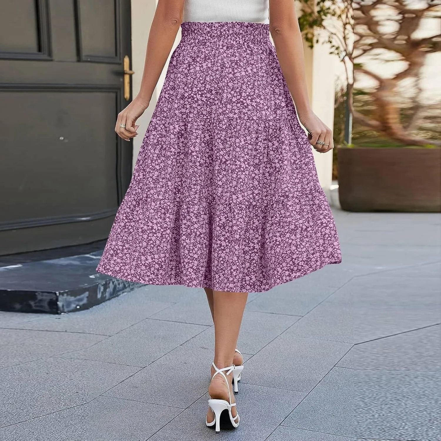 Womens Summer Casual A-Line Long Skirt Tiered High Waist Beach Outfits Elastic Waist Bohemian Print Maxi Skirt