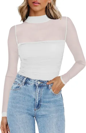 Zeagoo Women's Sexy Mock Turtle Neck Long Sleeve Tops Sheer Mesh Ruched Trendy Going Out Shirts Blouse