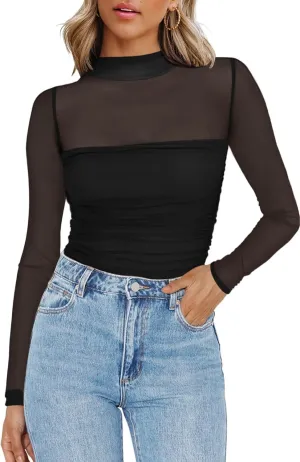 Zeagoo Women's Sexy Mock Turtle Neck Long Sleeve Tops Sheer Mesh Ruched Trendy Going Out Shirts Blouse
