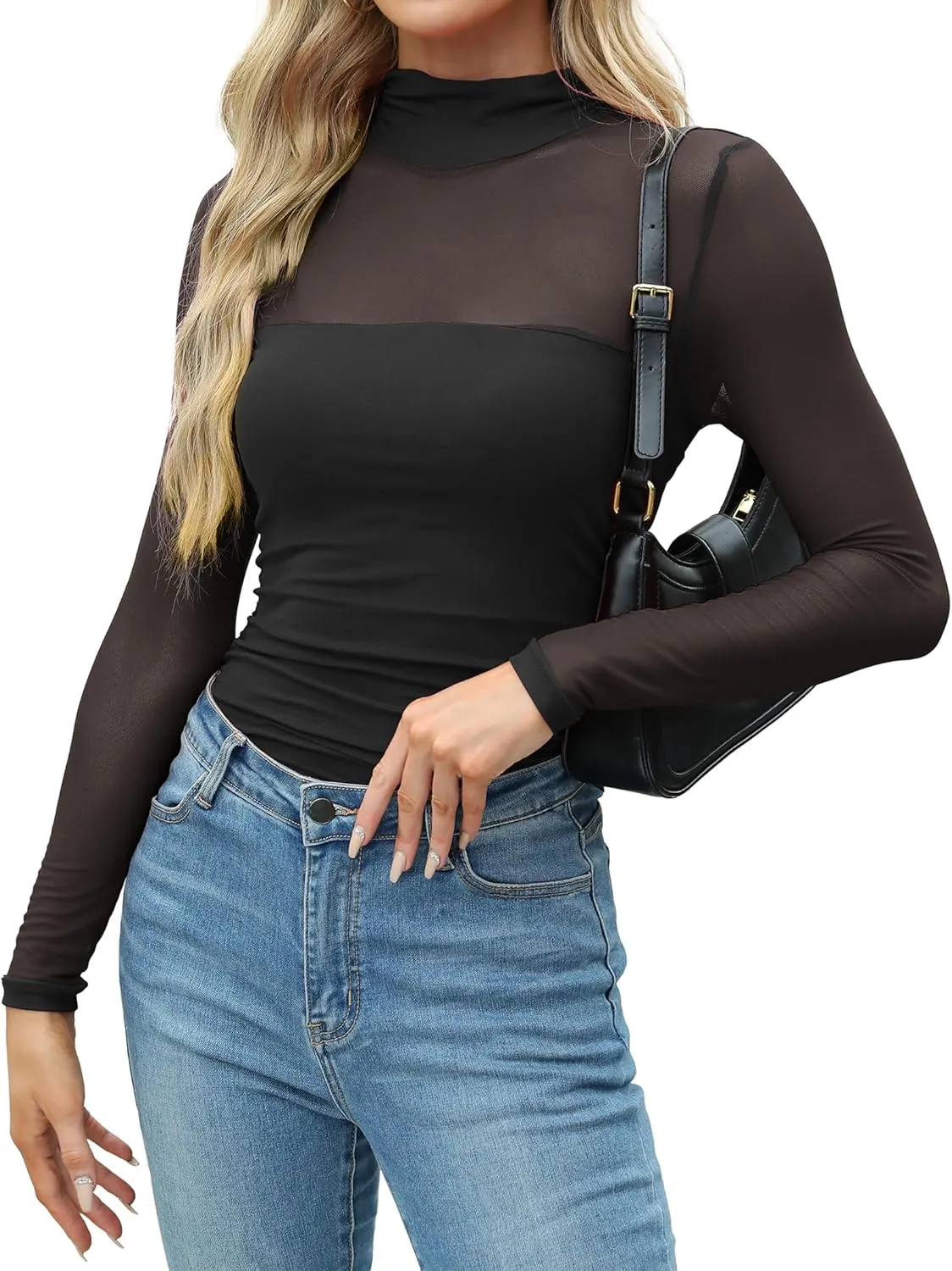 Zeagoo Women's Sexy Mock Turtle Neck Long Sleeve Tops Sheer Mesh Ruched Trendy Going Out Shirts Blouse