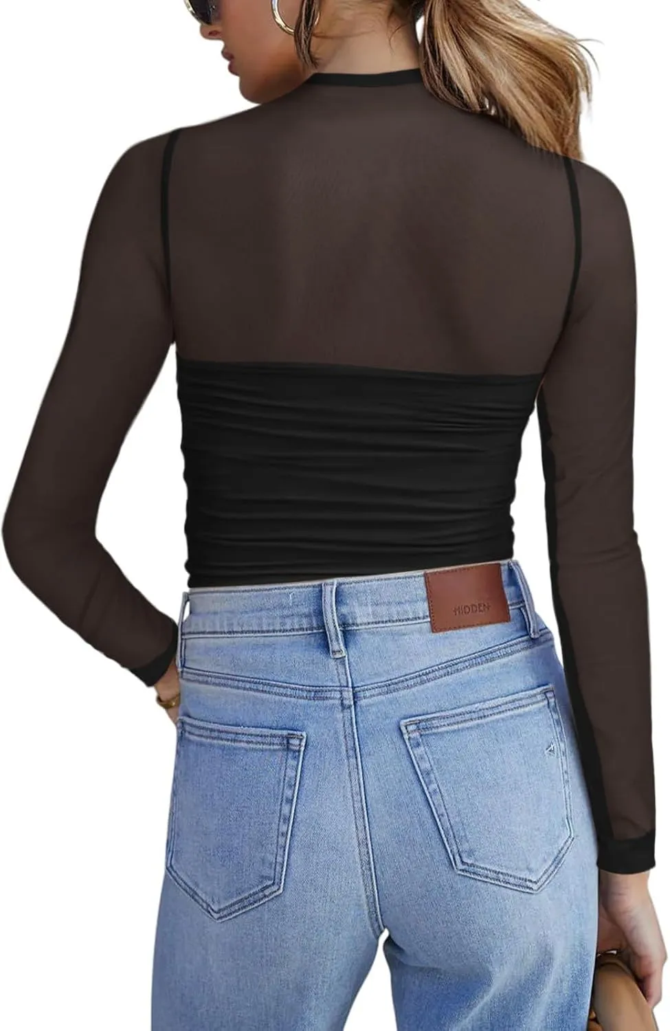 Zeagoo Women's Sexy Mock Turtle Neck Long Sleeve Tops Sheer Mesh Ruched Trendy Going Out Shirts Blouse