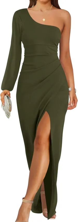 ZESICA Women's One Shoulder Long Sleeve Cocktail Dress Sexy High Slit Ruched Bodycon Wedding Guest Maxi Dresses