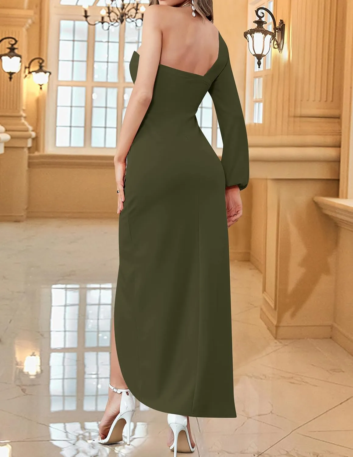 ZESICA Women's One Shoulder Long Sleeve Cocktail Dress Sexy High Slit Ruched Bodycon Wedding Guest Maxi Dresses