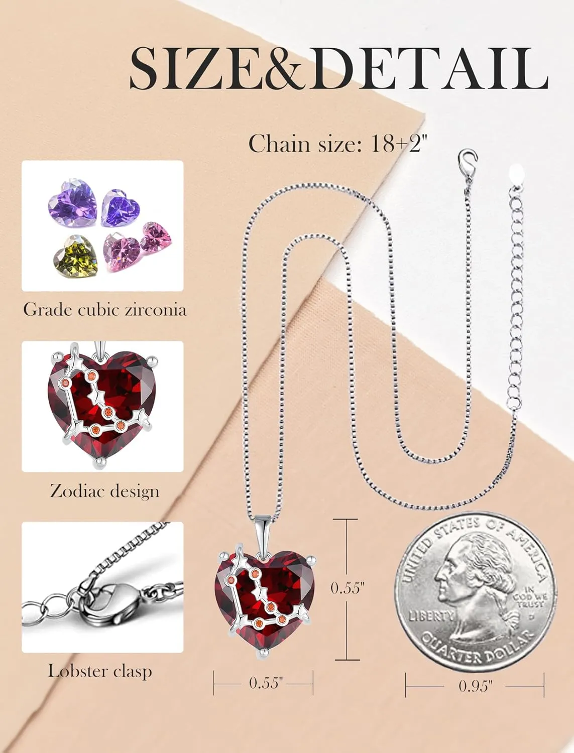 Zodiac Constellation Necklace for Women, 925 Sterling Silver Heart Pendant with Birthstone Astrology Horoscope Jewelry Gifts